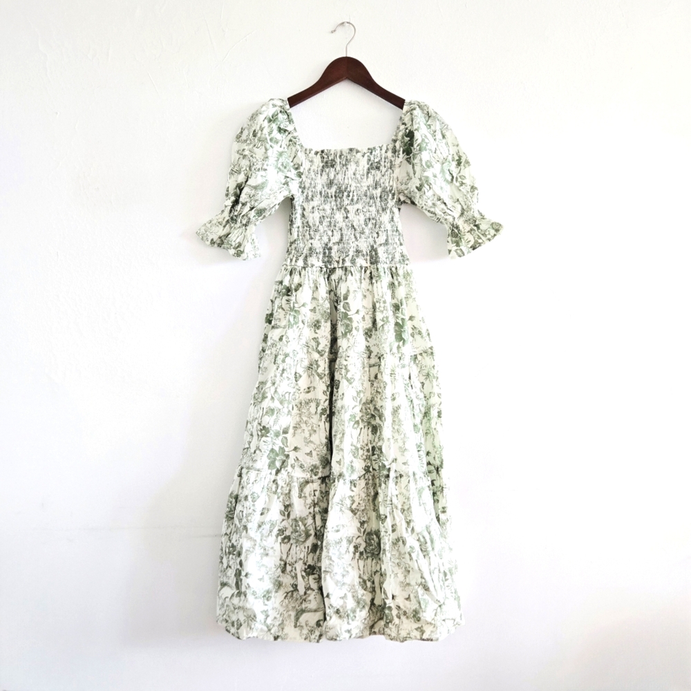 Smocked Square-Neck Puff Sleeve Dress in Sage Floral
